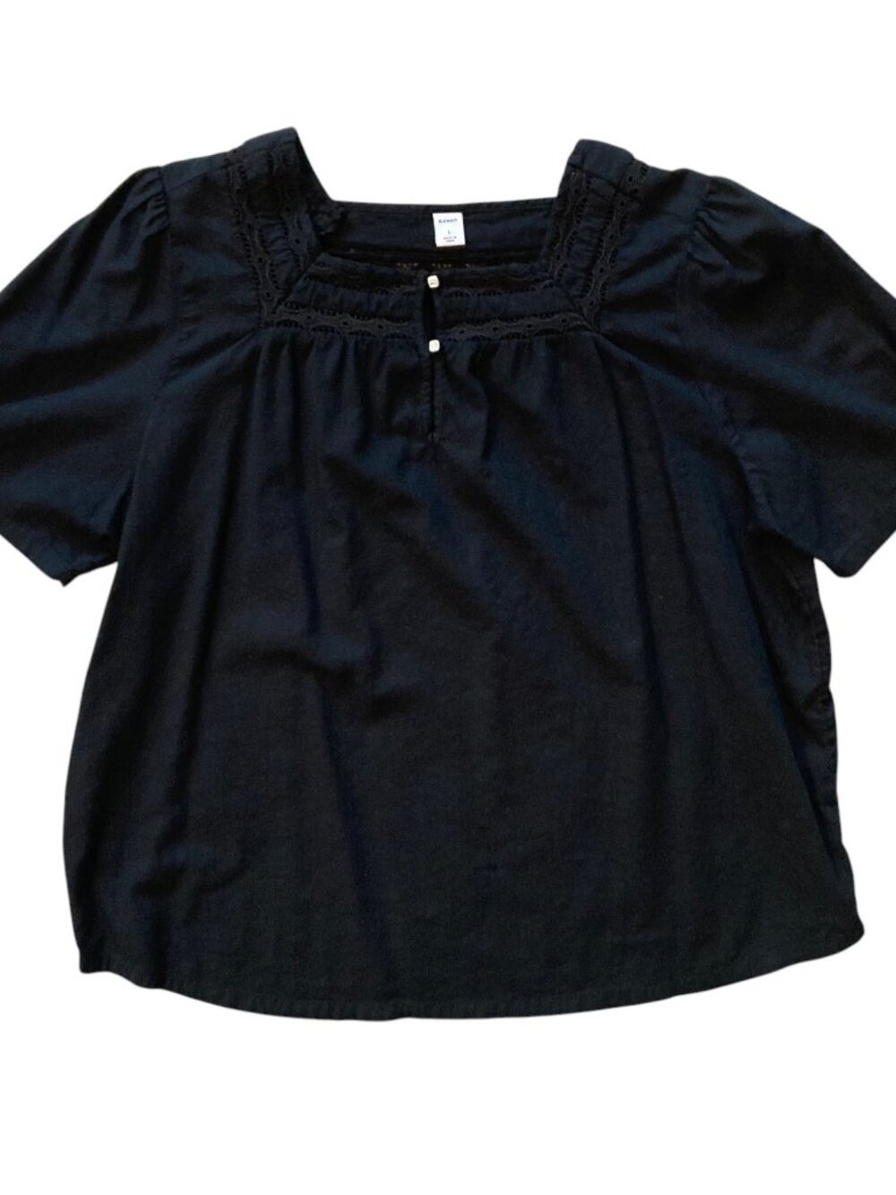 Women's OLD NAVY Square Neck Eyelet Lace Trim Short-Sleeve Blouse BLACK Large